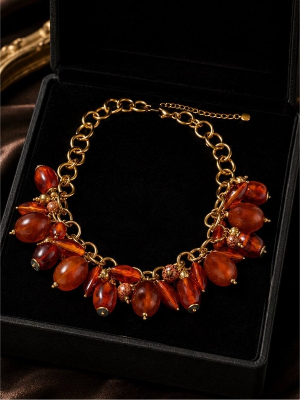 Gold tone Necklace with Amber and Red Resin Beads